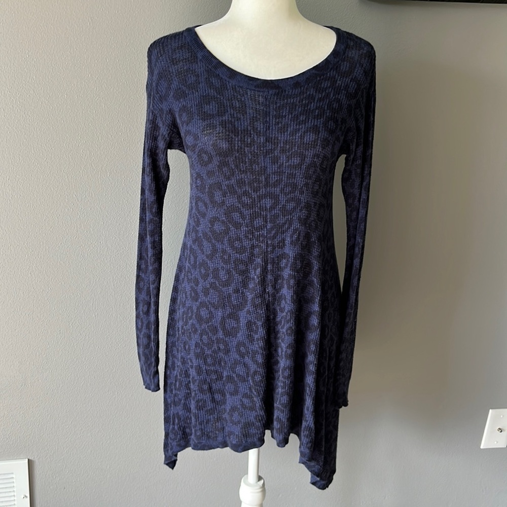 Rebecca Taylor Blue Leopard Print Asymmetrical Long Sleeve Waffle Knit Dress
